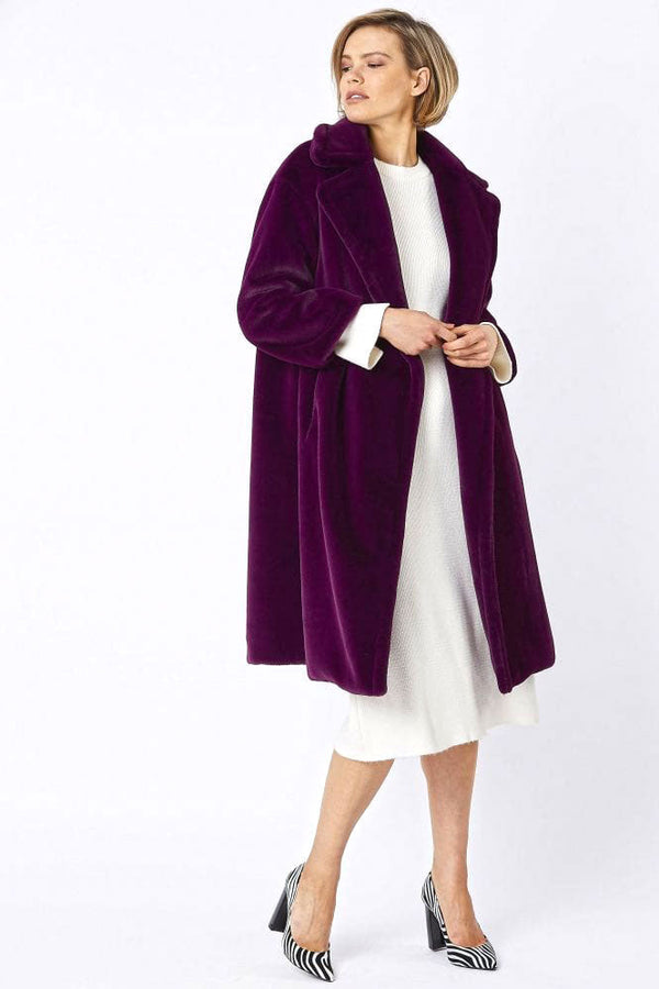 Deep Purple Faux Fur Midi Shaved Shearling Coat-1