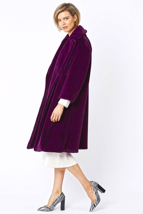 Deep Purple Faux Fur Midi Shaved Shearling Coat-2