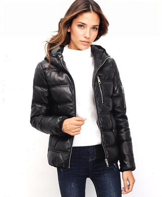 Contra 2020 Black Genuine Hooded Womens Leather Puffer Jacket-0