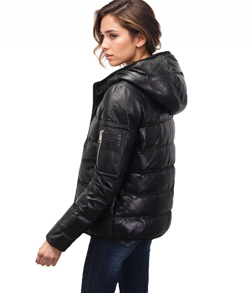 Contra 2020 Black Genuine Hooded Womens Leather Puffer Jacket-1