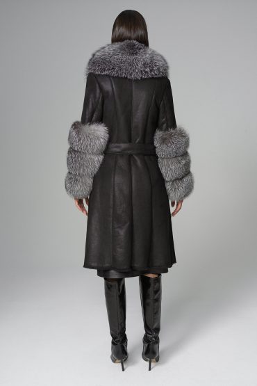 Black Genuine Maxi Lambskin Overcoat with Arctic Silver Fox Fur Collar and Cuffs-1