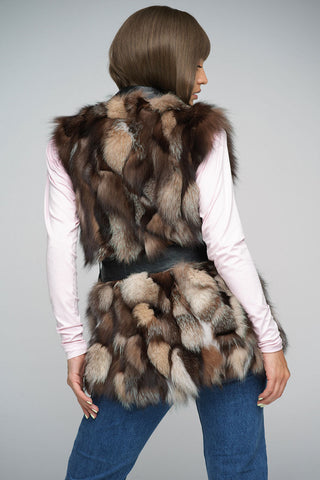 Brown Genuine Fox Fur Vest with Leather Belt-1