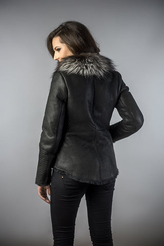 Black Merino Shearling Jacket with Arctic Fox Fur Collar-1