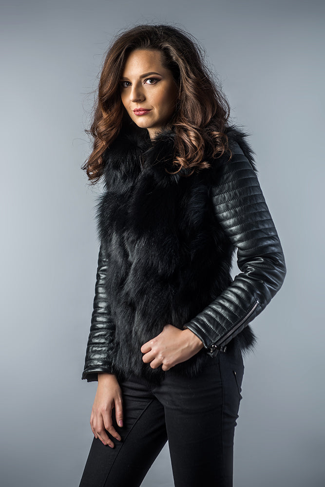 Black Genuine Arctic Fox Fur Lamb Nappa Leather Jacket-2