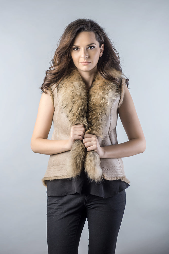 Beige Lamb Nappa Leather Vest with Raccoon Fur Detailing-2