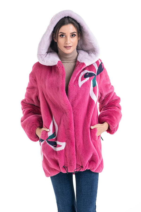 Fuchsia Floral Patterned Genuine Hooded Mink Fur Coat-2