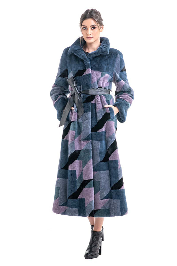 Anthracite Geometric Patterned Genuine Mink Fur Maxi Coat-0