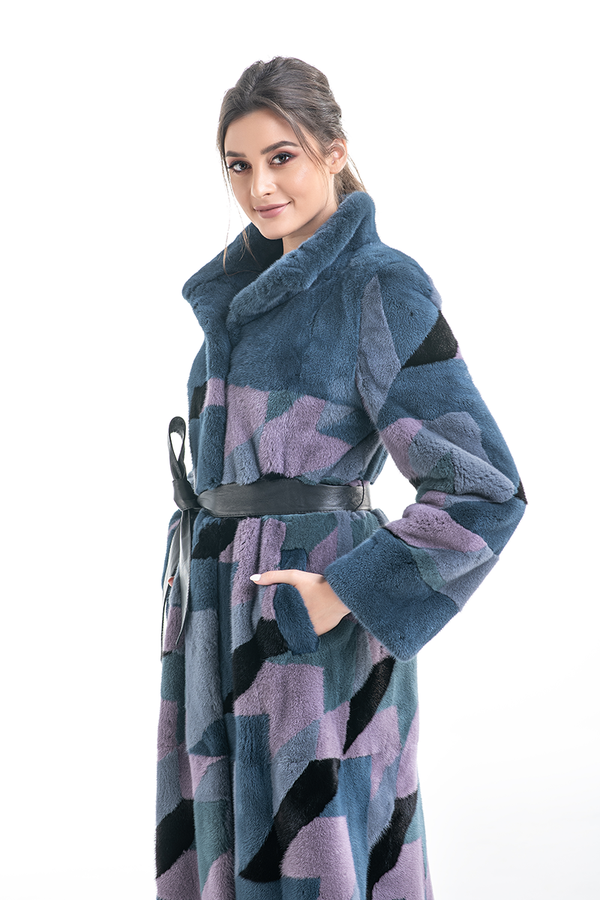 Anthracite Geometric Patterned Genuine Mink Fur Maxi Coat-2