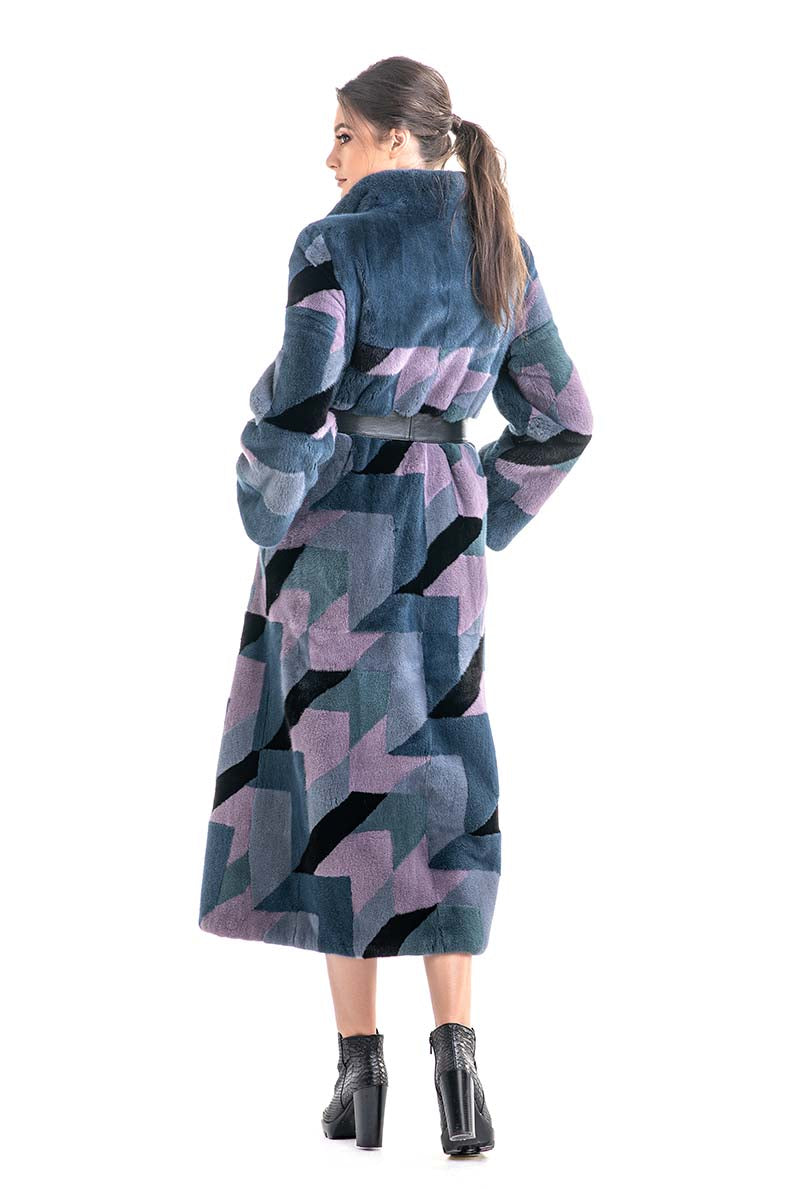 Anthracite Geometric Patterned Genuine Mink Fur Maxi Coat-1