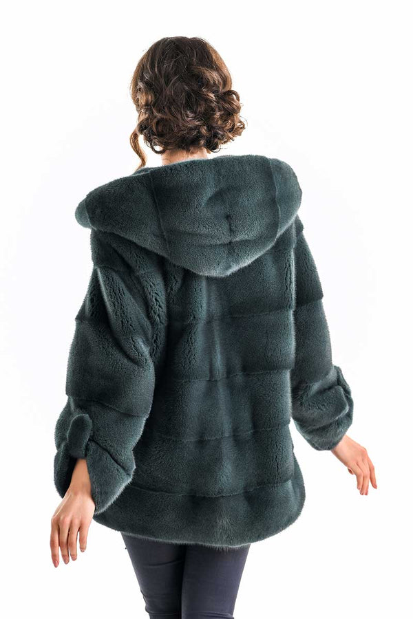 Olive Elegant Genuine Mink Fur Hooded Coat-1