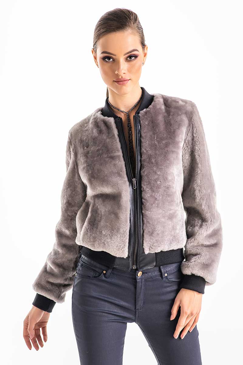 Gray Natural Sheepskin Mouton Fur Jacket-0