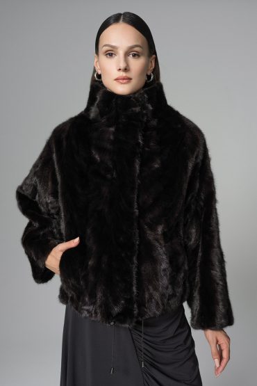 Black Natural Mink Fur Jacket with Nutria Fur Trims-1