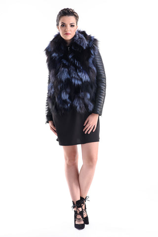 Blue Genuine Arctic Fox Fur Lamb Nappa Leather Jacket-0