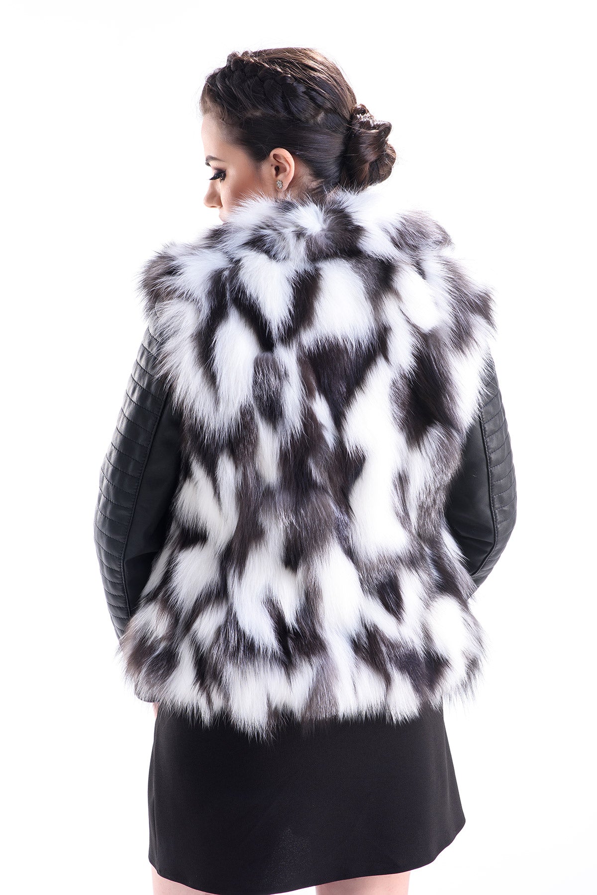 White Black Genuine Arctic Fox Fur Lamb Nappa Leather Jacket-1