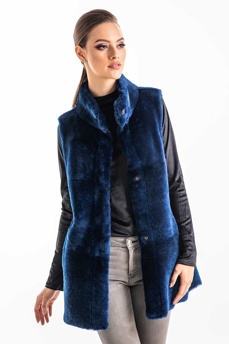 Blue Reversible Geniune Nappa Lamb Leather Mouton Fur Vest-2