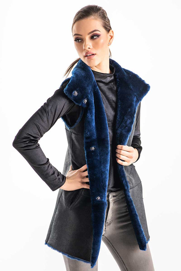 Blue Reversible Geniune Nappa Lamb Leather Mouton Fur Vest-4