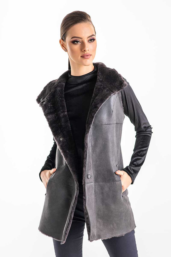 Gray Reversible Geniune Nappa Lamb Leather Mouton Fur Vest-3