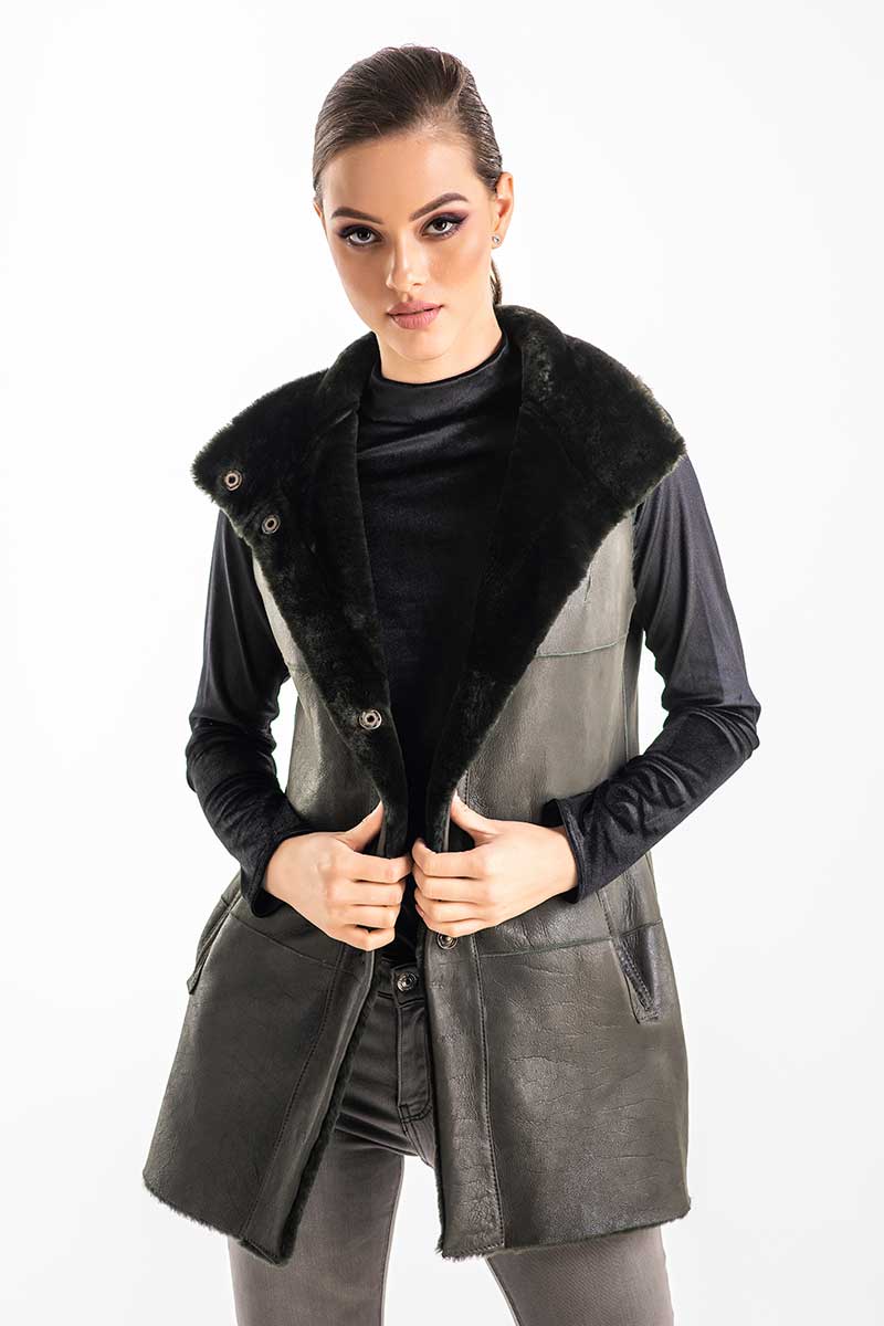 Olive Reversible Geniune Nappa Lamb Leather Mouton Fur Vest-2