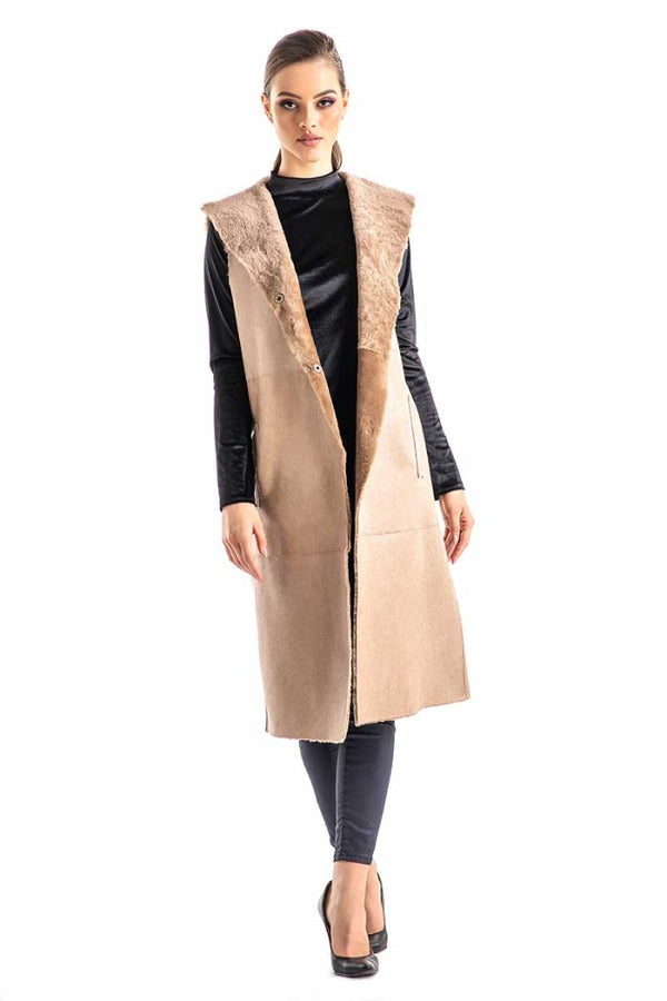 Beige Double Face Geniune Nappa Lamb Leather Mouton Long Fur Vest-3