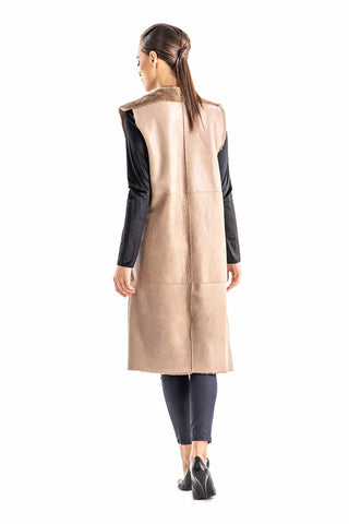 Beige Double Face Geniune Nappa Lamb Leather Mouton Long Fur Vest-4