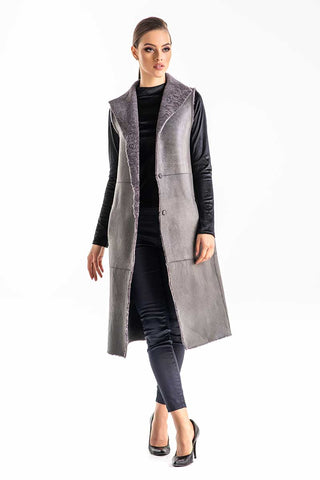 Gray Double Face Geniune Nappa Lamb Leather Mouton Long Fur Vest-3