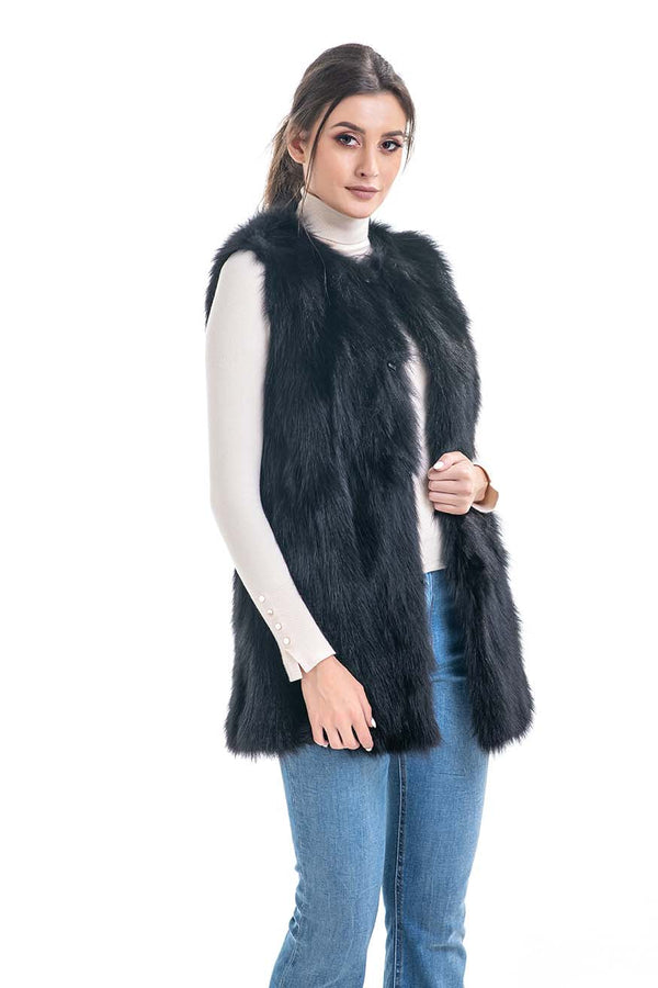 Black Genuine Fox Fur Vest-2