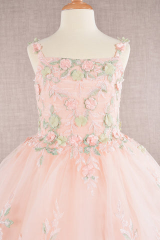 Floral Embroidery Embellished Ruched Bodice Mesh with Lace-up Back Quinceanera Kids Dress GLGK109-3