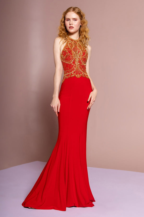 Halterneck Jersey Long Dress with Beaded Bodice-3