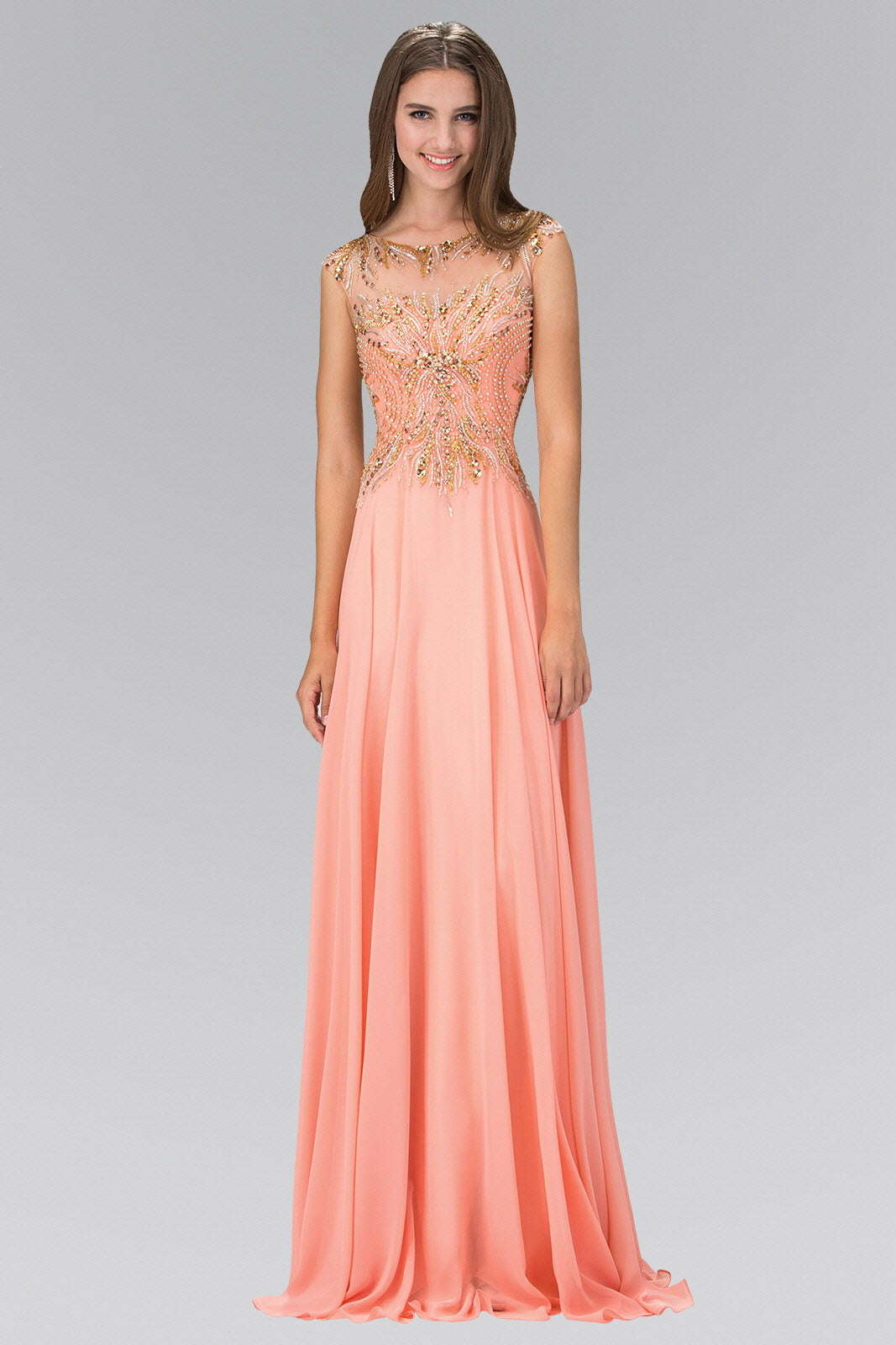 Floor Length Dress with Sheer Back and Bead Embellished Bodice-0