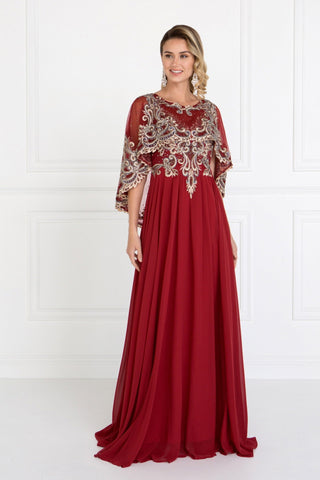 Chiffon A-Line Long Dress with Embroidered Cape Sleeves-4