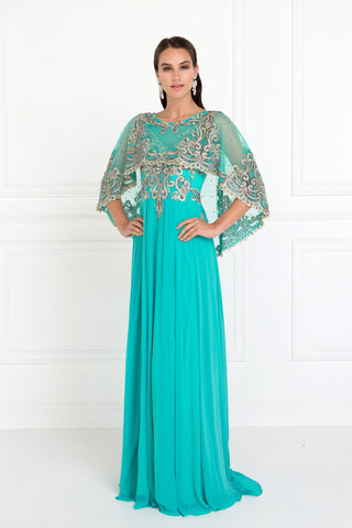 Chiffon A-Line Long Dress with Embroidered Cape Sleeves-0