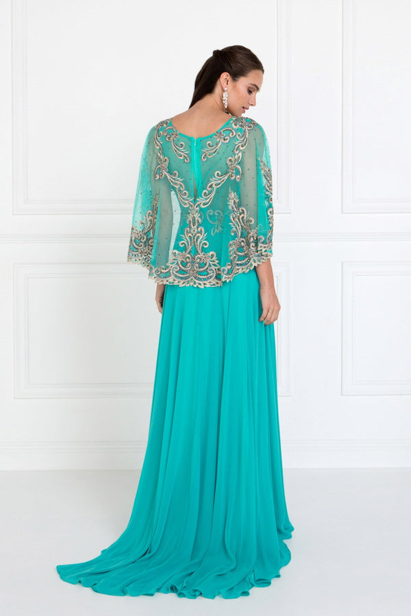 Chiffon A-Line Long Dress with Embroidered Cape Sleeves-1