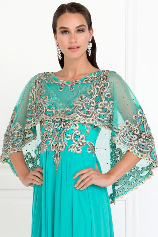 Chiffon A-Line Long Dress with Embroidered Cape Sleeves-2