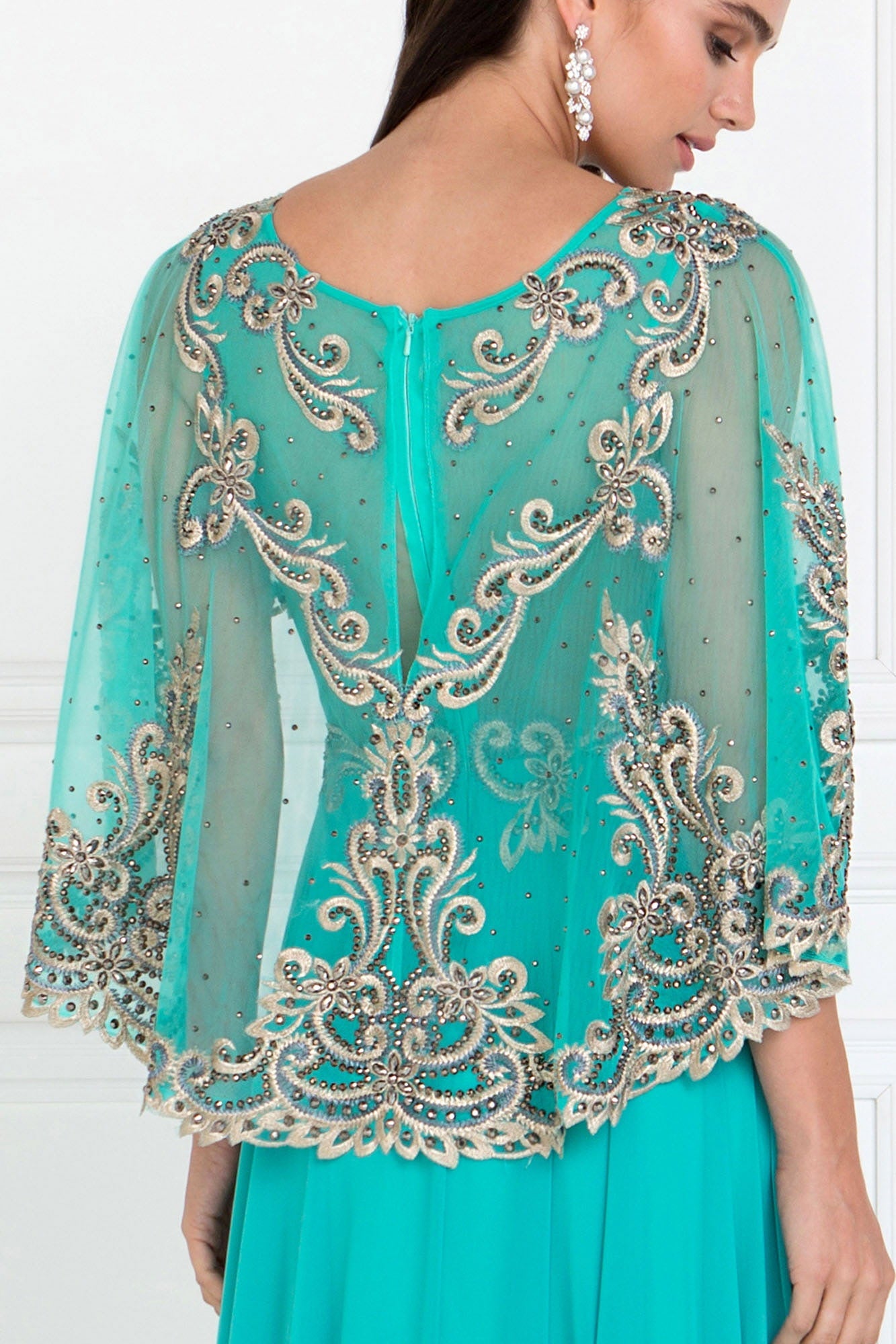 Chiffon A-Line Long Dress with Embroidered Cape Sleeves-3