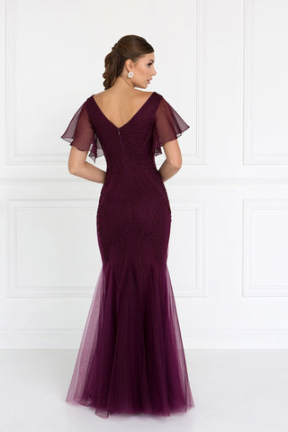 Tulle V-Neck Trumpet Long Dress with Short Sleeves-1