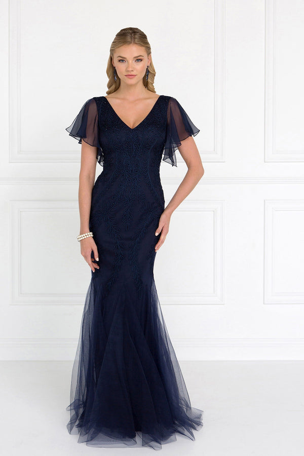 Tulle V-Neck Trumpet Long Dress with Short Sleeves-3