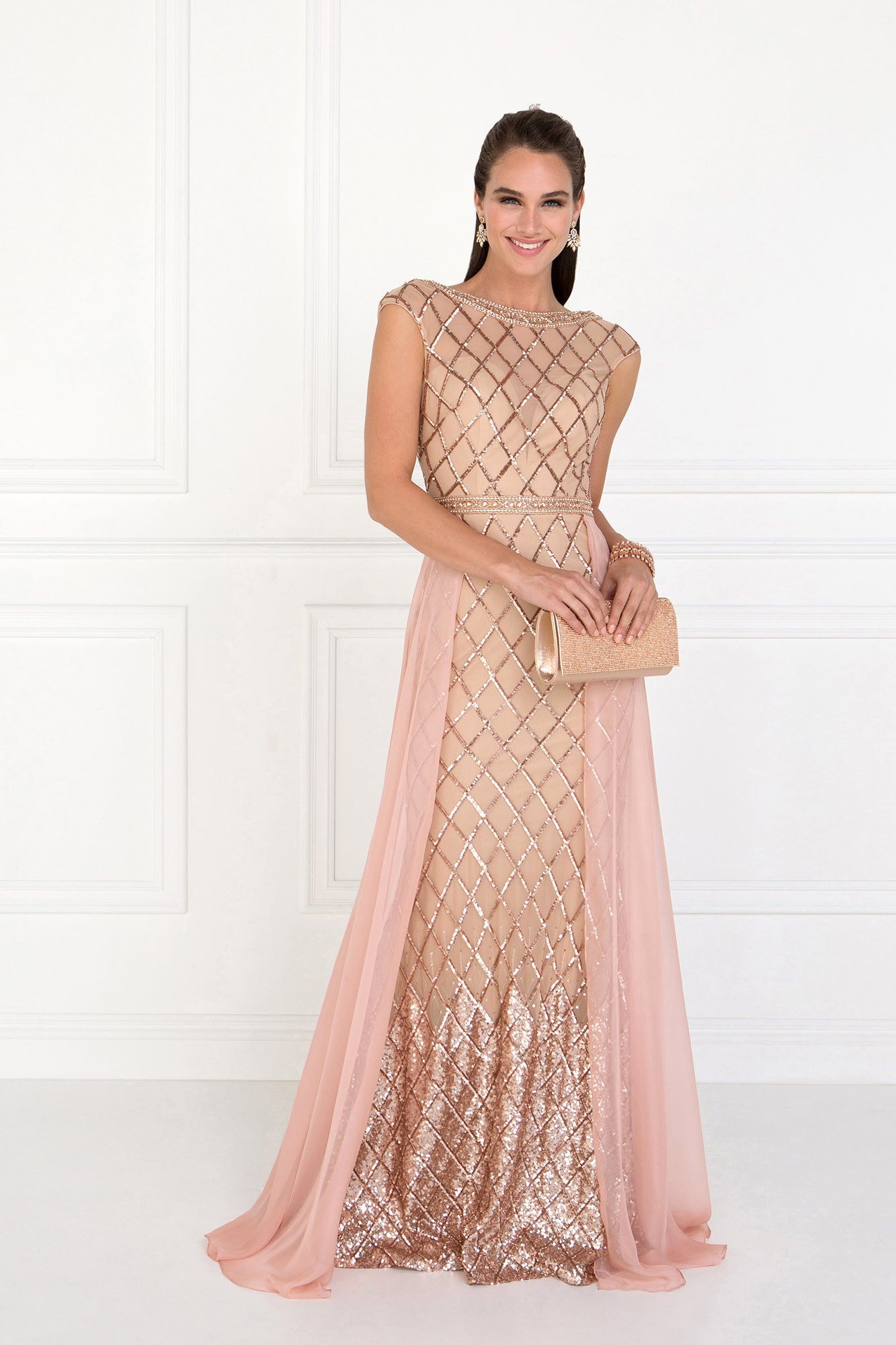 Chiffon Empire Long Dress with Jewels and Chiffon Overlay-2