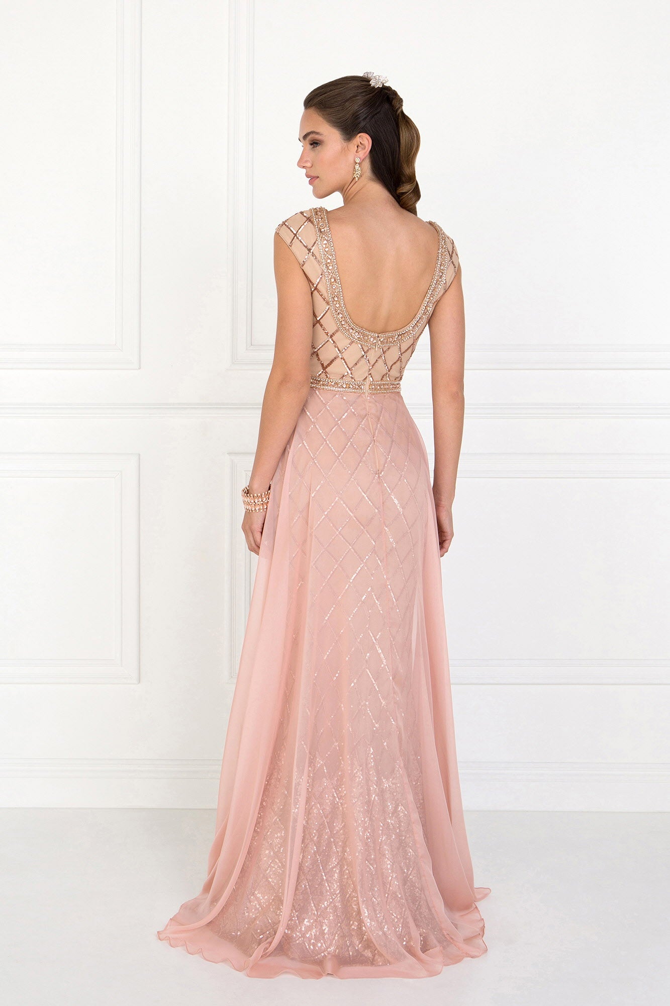 Chiffon Empire Long Dress with Jewels and Chiffon Overlay-3