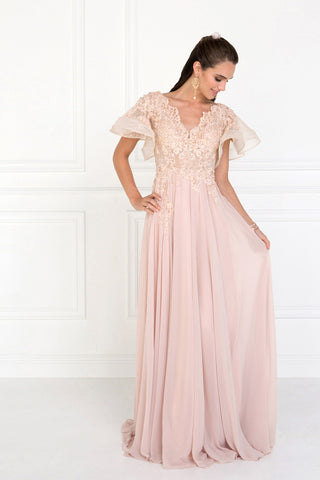 Chiffon Wide V-Neck A-Line Long Dress with Ruffled Short Sleeves-0