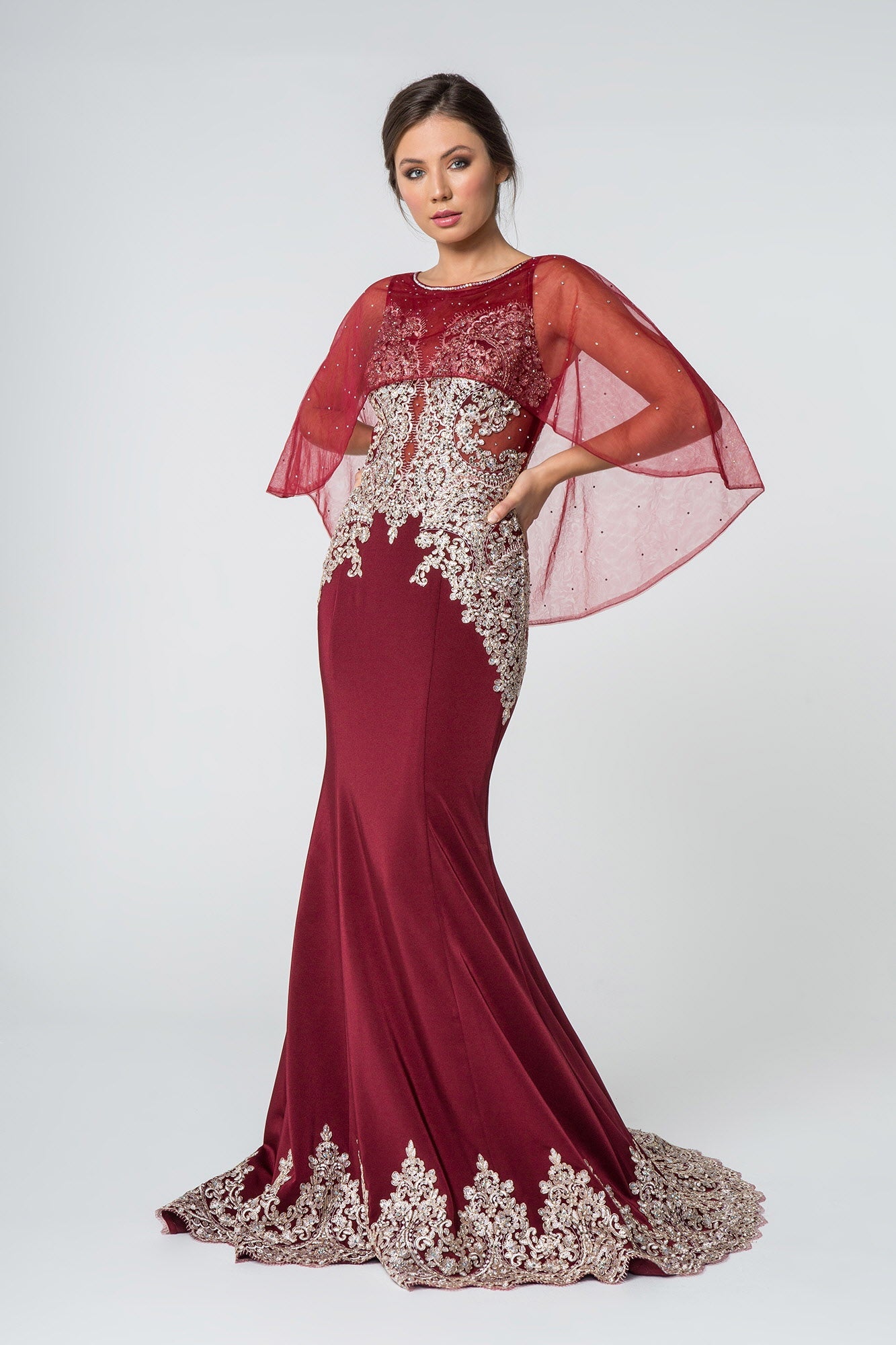 Rome Jersey Mermaid Long Dress with Embroidery and Jewels-4