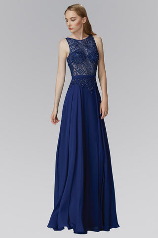 Floor Length Chiffon Long Dress with Bead Embellished Sheer Bodice-0