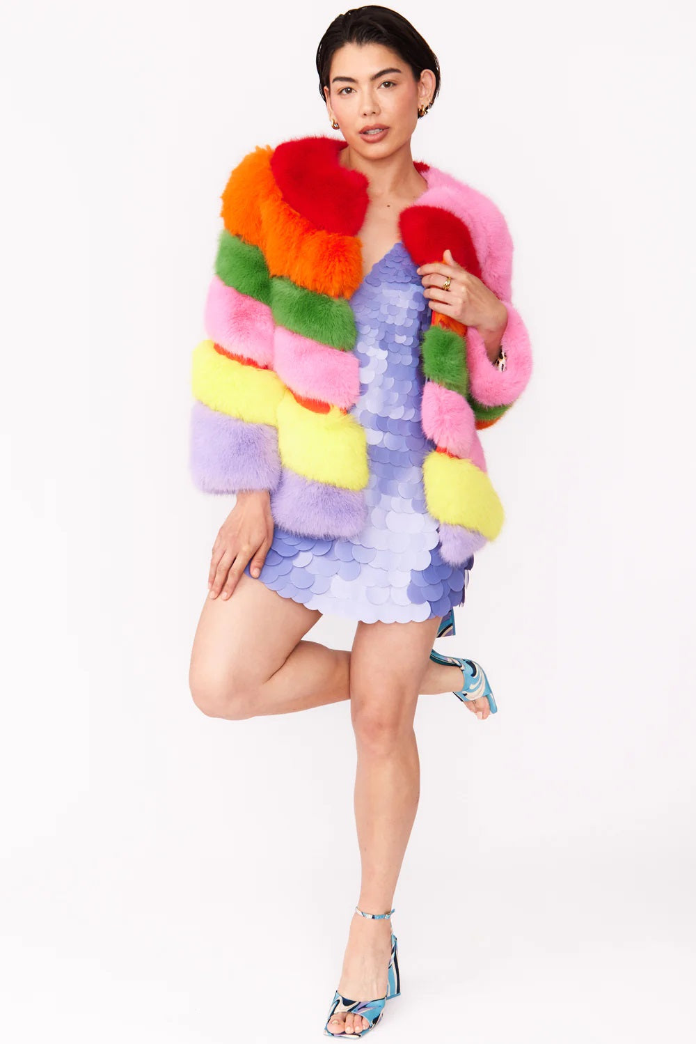 Gaga Faux Fur Striped Rainbow Coat-0