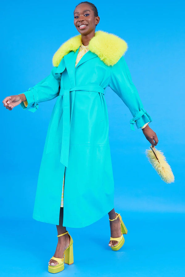 Blue Eco Leather Faux Fur Collar Trench Coat-1