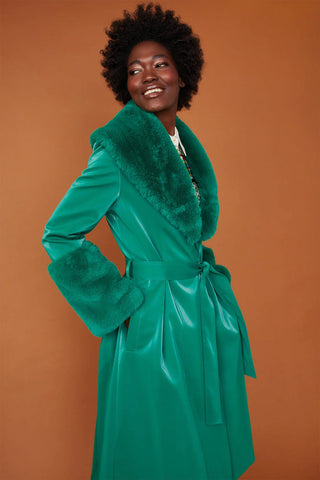 Green Faux Suede Trench Coat with Faux Fur Collar and Cuffs-1