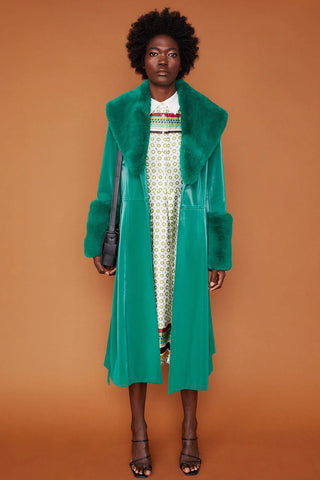 Green Faux Suede Trench Coat with Faux Fur Collar and Cuffs-2