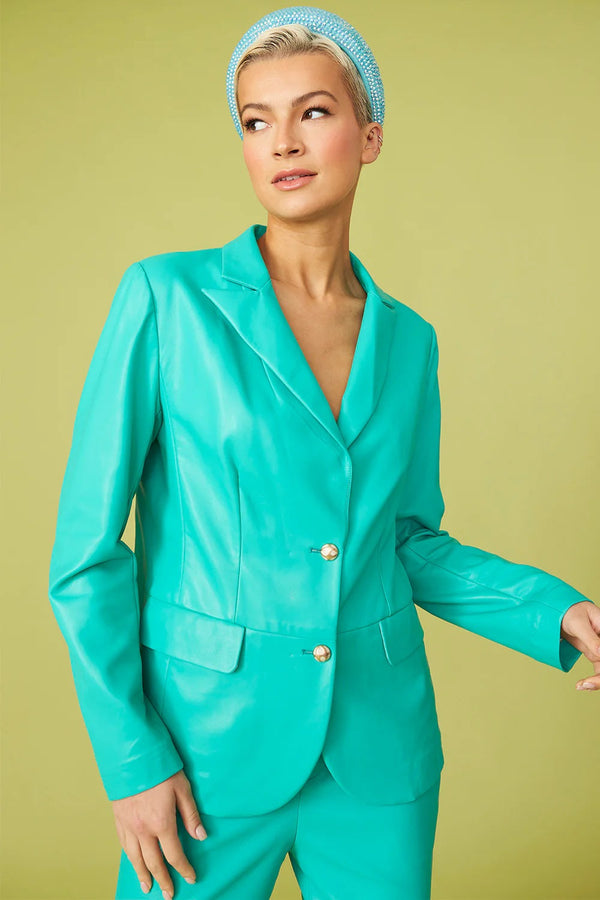 Green Tencel Rayon Blend Leather Blazer-1