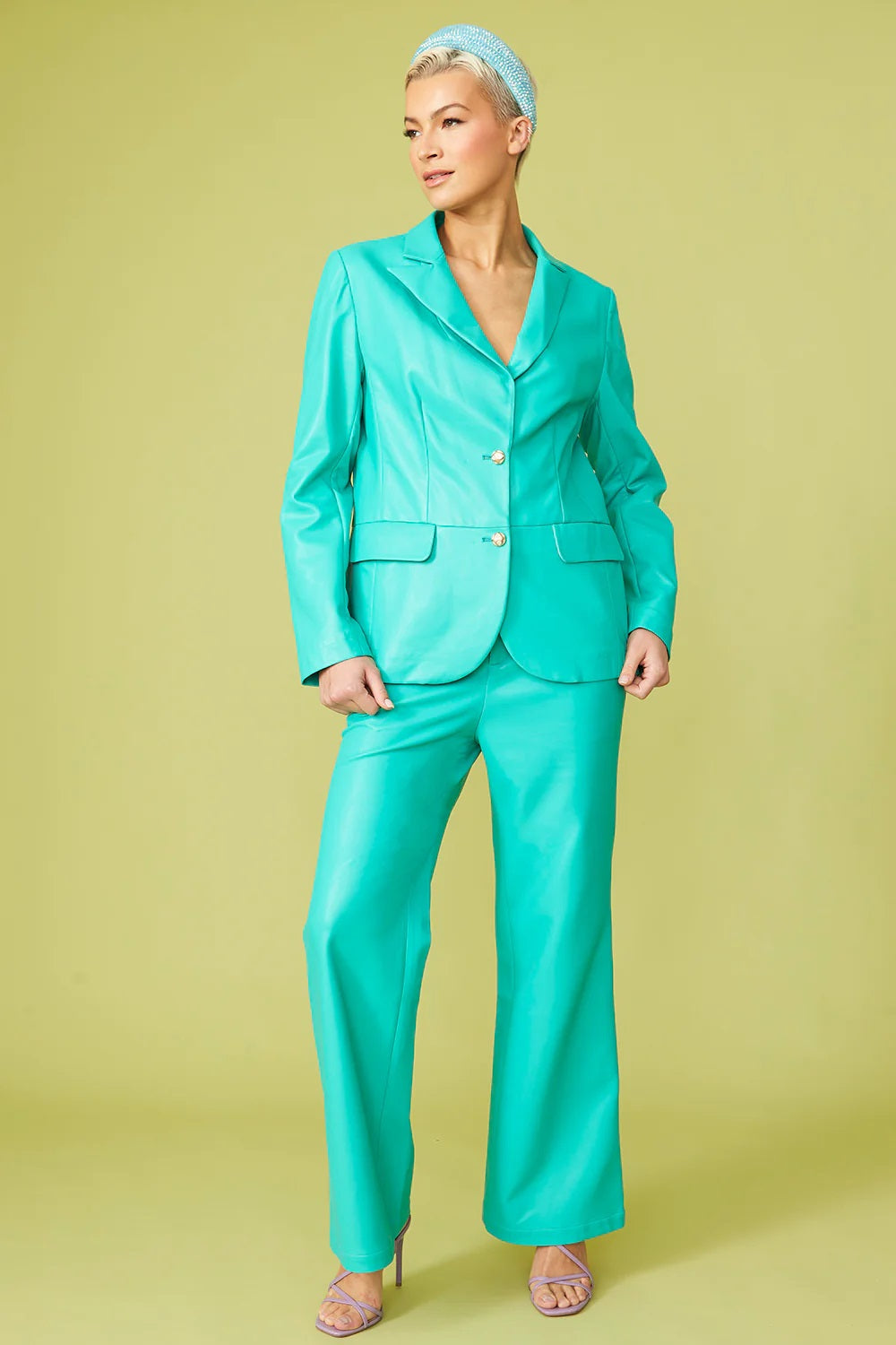 Green Tencel Rayon Blend Leather Blazer-2