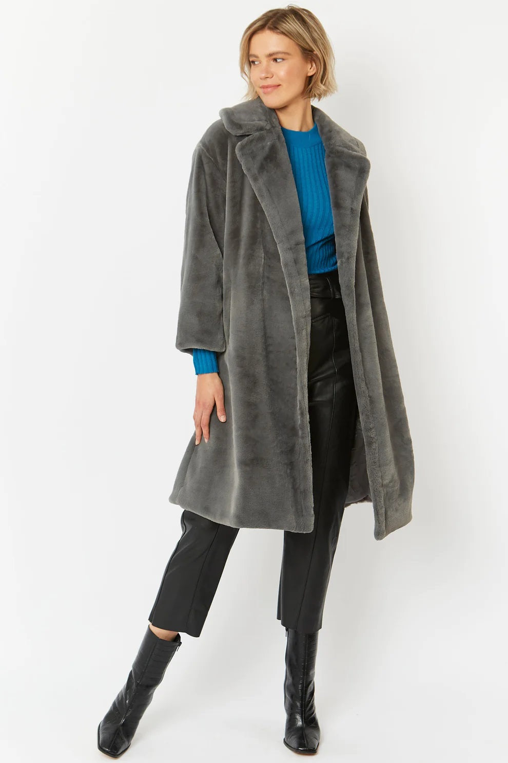 Grey Faux Fur Midi Shaved Shearling Coat-1