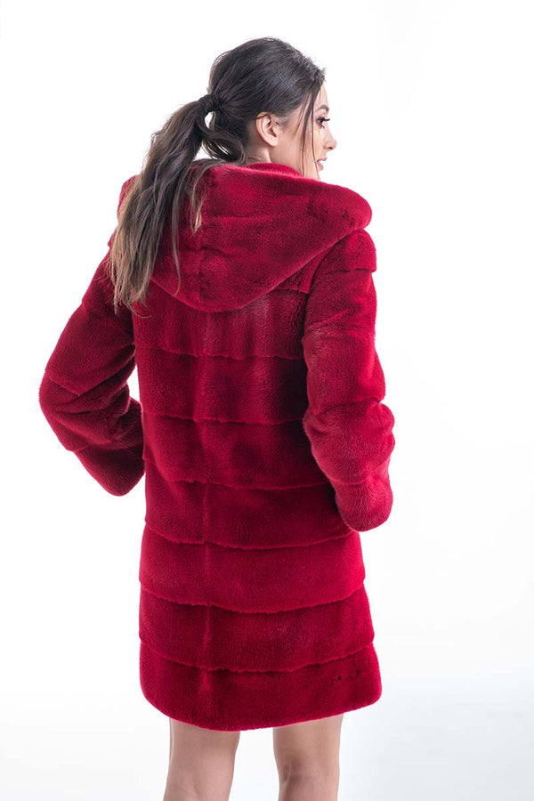 Red Genuine Mink Fur Midi Hooded Coat-1