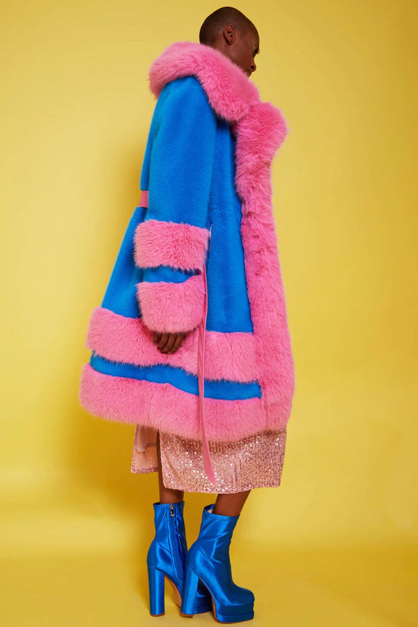 Handmade Bamboo Pink - Blue Faux Fur Coat-2